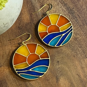 Handmade Sunset Stained Glass Dangle Earrings | Polymer Clay | Lightweight | Art | Statement