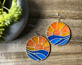 Handmade Sunset Stained Glass Dangle Earrings| Polymer Clay | Lightweight | Art | Statement