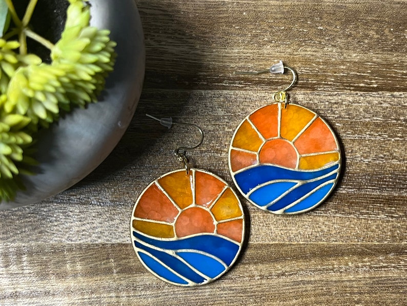 Handmade Sunset Stained Glass Dangle Earrings Polymer Clay Lightweight Art Statement image 1