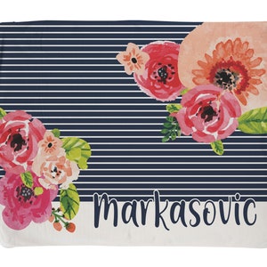 Personalized Navy Stripe Floral Blanket Large – Custom Name Blanket, Cozy Fleece Throw, Personalized Gift for Birthday or Holiday