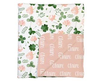 Manta personalizada para bebé de doble cara con bonito diseño de trébol rosa, suave y acogedora, regalo personalizado para bebé.