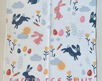 Paño de cocina de búsqueda de huevos de Pascua: divertido paño de cocina primaveral con conejitos y huevos. Decoración de cocina de Pascua.