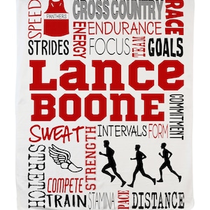 May include: White blanket with red and black text. The blanket features the name "Lance Boone" in large red letters, surrounded by words like "Cross Country," "Goals," and "Distance." Silhouettes of runners and a track shoe are also included.
