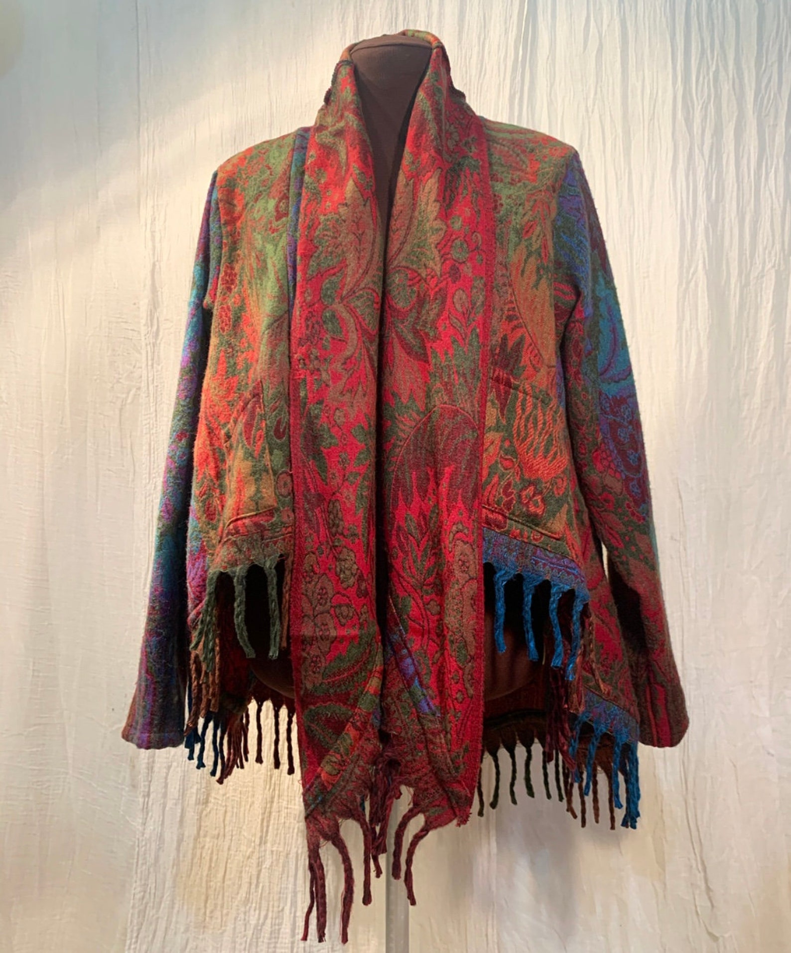 Fleece shawl collar tassle jacket | Etsy