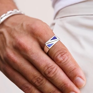 Mens Lapis Lazuli Signet Ring for Him , Geometric Rectangle Sterling Silver Ring,  Gift for him, Modern Minimalist Sterling Silver Signet