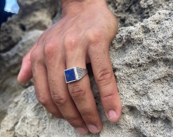 Bague en lapis lazuli / Bague en lapis lazuli carré / Bague en argent bleu pour homme / Bague en lapis lazuli pour homme / Chevalière bleue carrée / Bagues pour homme / Bagues pour homme