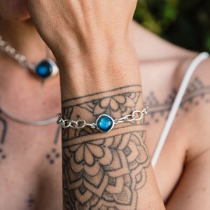 Labradorite Silver Bracelet/ Silver Labradorite Bracelets/ Blue Stone Silver Bracelet/ Cushion Labradorite Bracelet/ Women Silver Bracelet