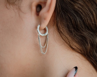 Orecchini a cerchio in argento con catena/ Cerchi Huggie a doppia catena/ Orecchini a cerchio con catena/ Cerchi Huggie pendenti con catena/ Cerchi piatti in argento con catena