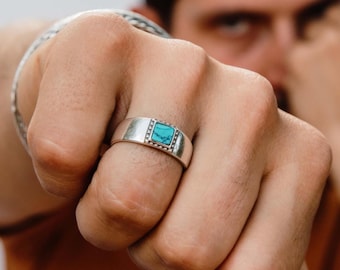 Turquoise Mens Rings/ Turquoise Silver Ring Men/ Turquoise Mens Ring/ Mens Silver Ring Turquoise/ Turquoise Band Ring/ Men Ring Turquoise