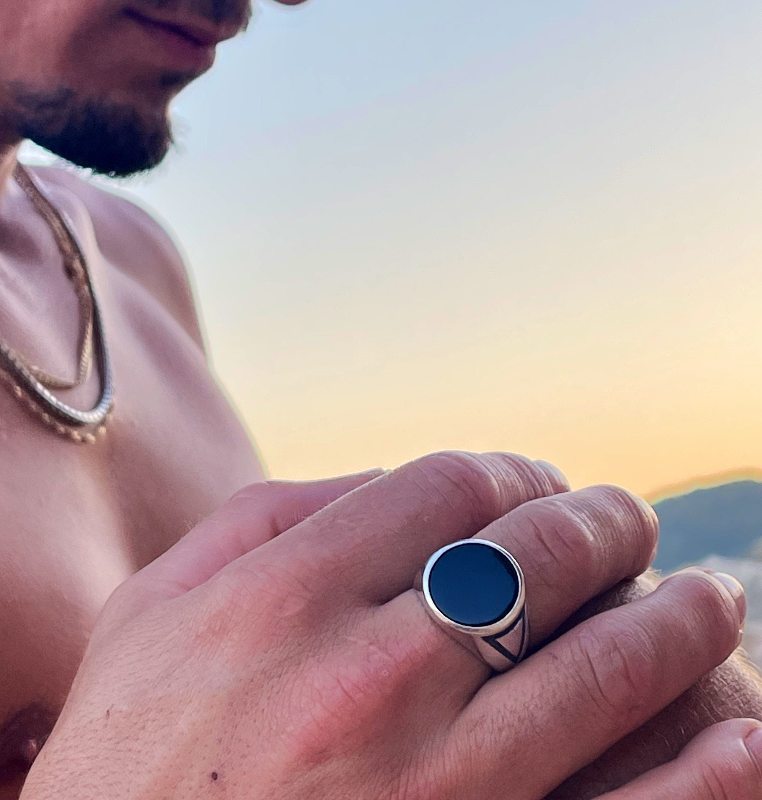 Ronde Onyx ring mannen zilveren Onyx ring ronde mannen cirkel Onyx