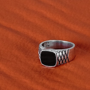 Bague Homme Argent 925 Et Obsidienne Noire - Style Punk/rock, Pierre D'onyx, Taille Réglable (Noir-7) - 13