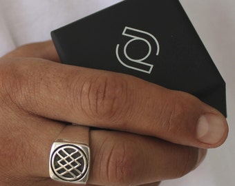 Oxidierter Sterling Silber Siegelring, Geometrisches Minimalistisches Design