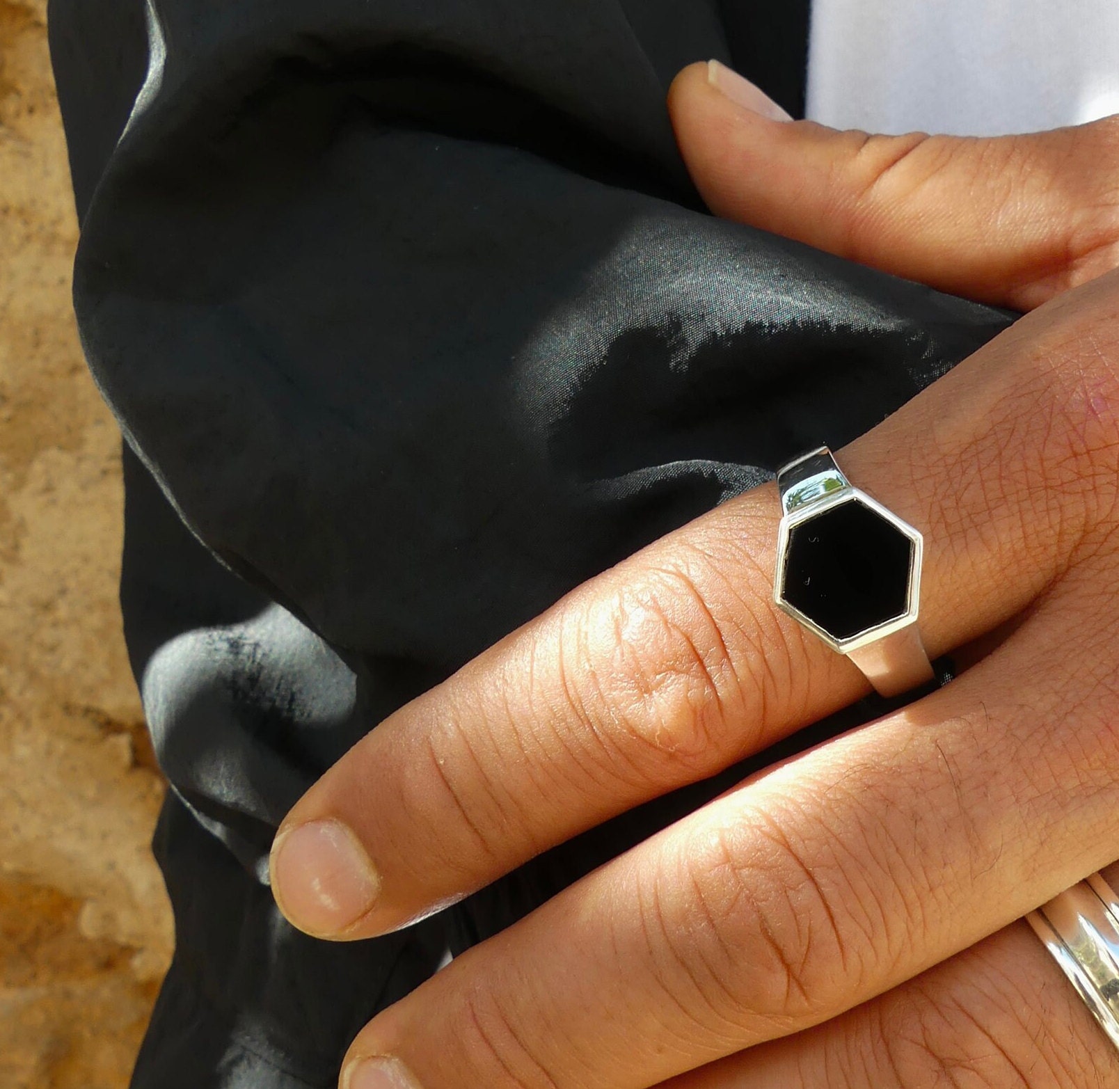 Onyx Hexagon Ring/ Hexagon Ring Men/ Onyx Hexagon Signet/ Onyx 
