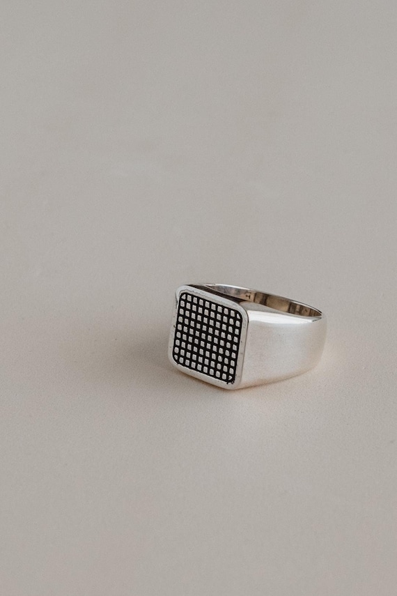 Geometric Grid Sterling Silver Square Signet Ring Men - Men's