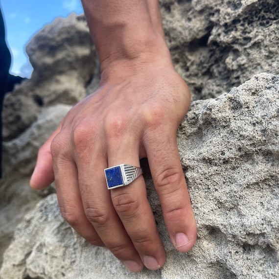 Blue Meteorite Ring Mens Wedding Band Tungsten Ring Meteorite Wedding –  Pillar Styles
