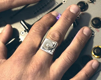 Sterling Silver Record Player Ring - Chunky Music Lover's Signet - Turntable Ring for Men