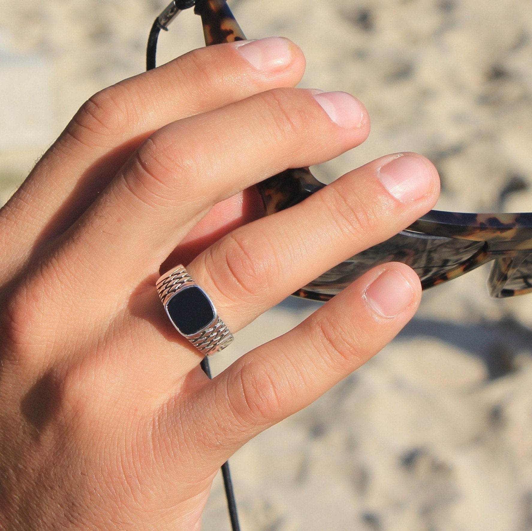 Oxidized Sterling Silver Onyx Signet Ring Men - Black Gemstone