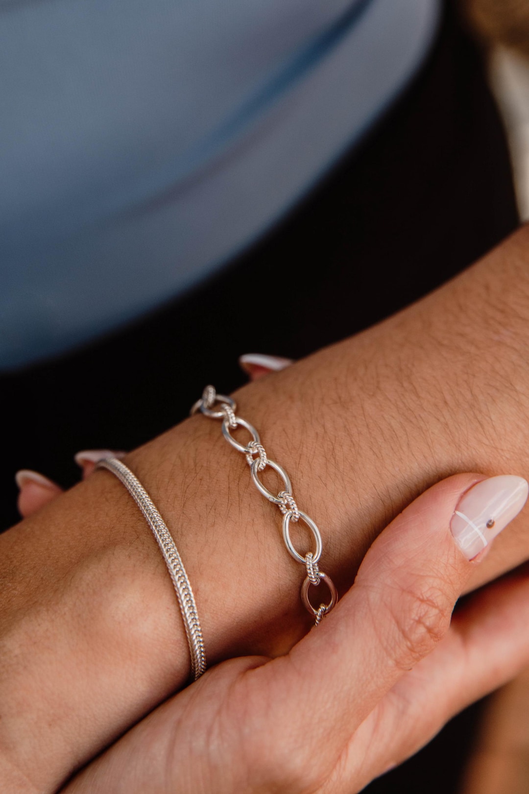 Sterling 925 Silver Oval Link Bracelet - Twisted Chain - Women