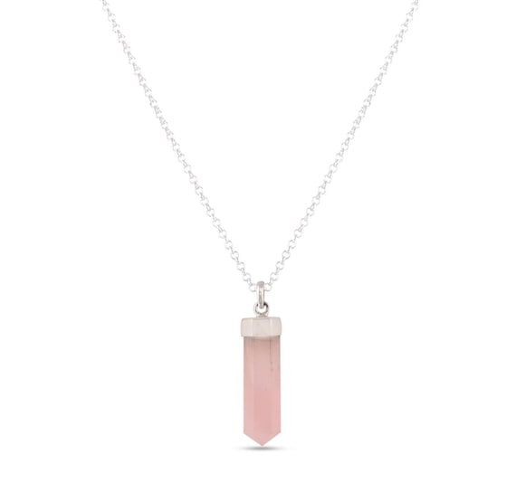 Rose Quartz Pencil Pendant, 925 Silver Necklace (76cm)
