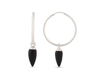 Silver Onyx Hoops/ Black Drop Earrings/ Hoop Earring with Black Onyx Charm/ Black Onyx Hoops/ Convertible Gemstone Hoops/ Dangle Earrings