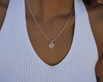 Sterling Silver Snake Chain Necklace, Minimalist Square Pendant