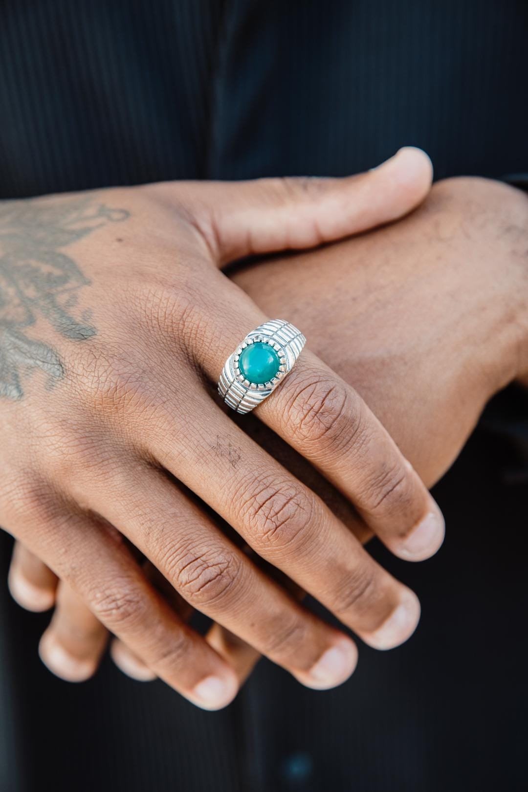 Men Silver Ring Green Onyx/ Green Gemstone Rings/ Green Onyx Rings