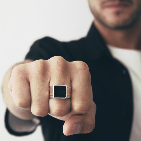 スクエアブラックオニキスリング：男性用クラシック925スターリング