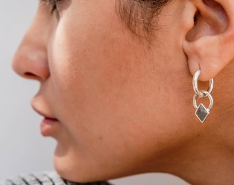 Sterling Silver Geometric Dangle Hoop Earrings