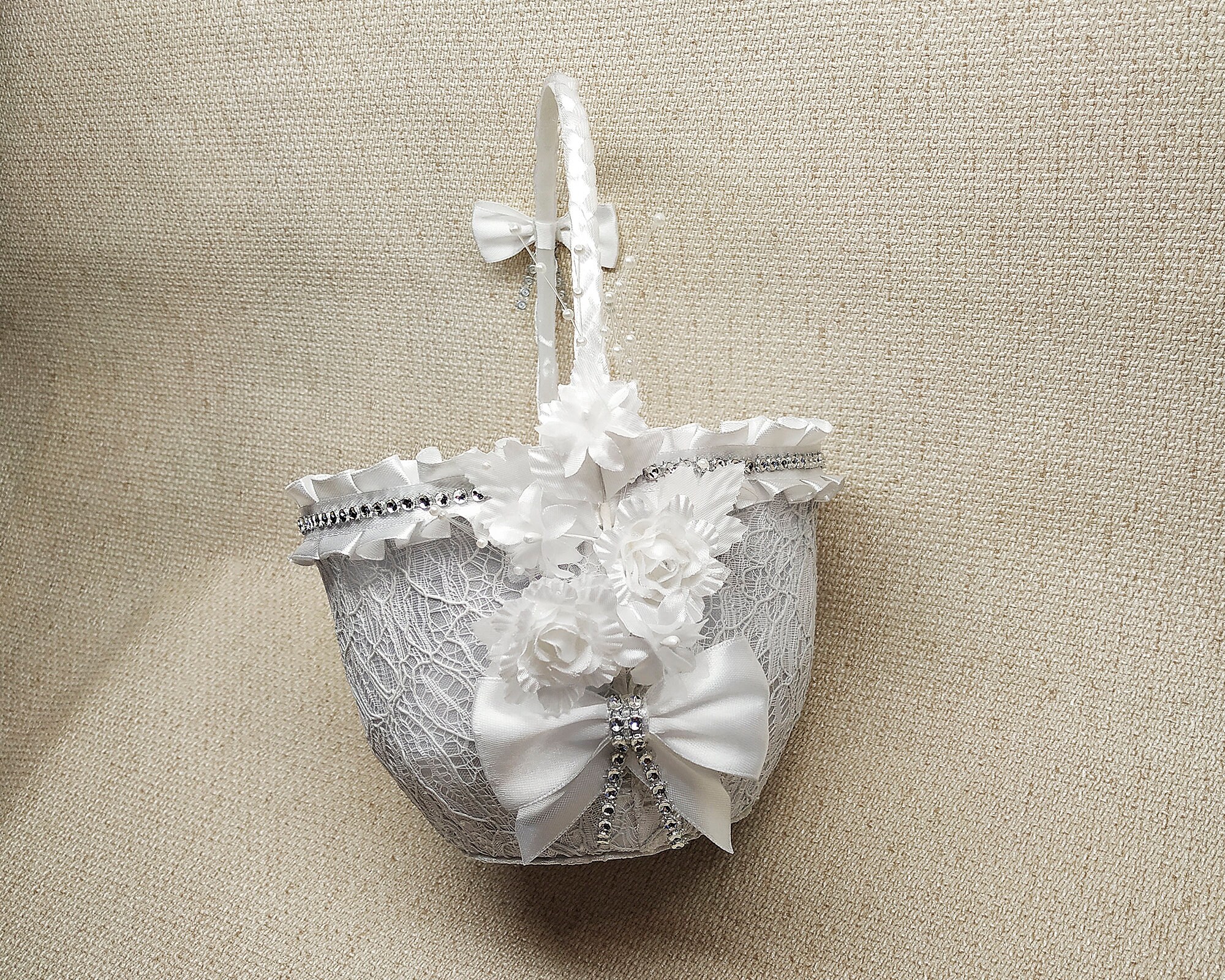 Flower girl basket white lace basket with white flowers lace Etsy