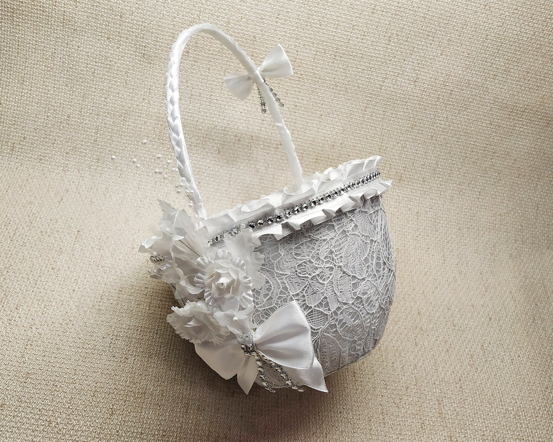 Flower Girl Basket White Lace Basket With White Flowers Lace Etsy