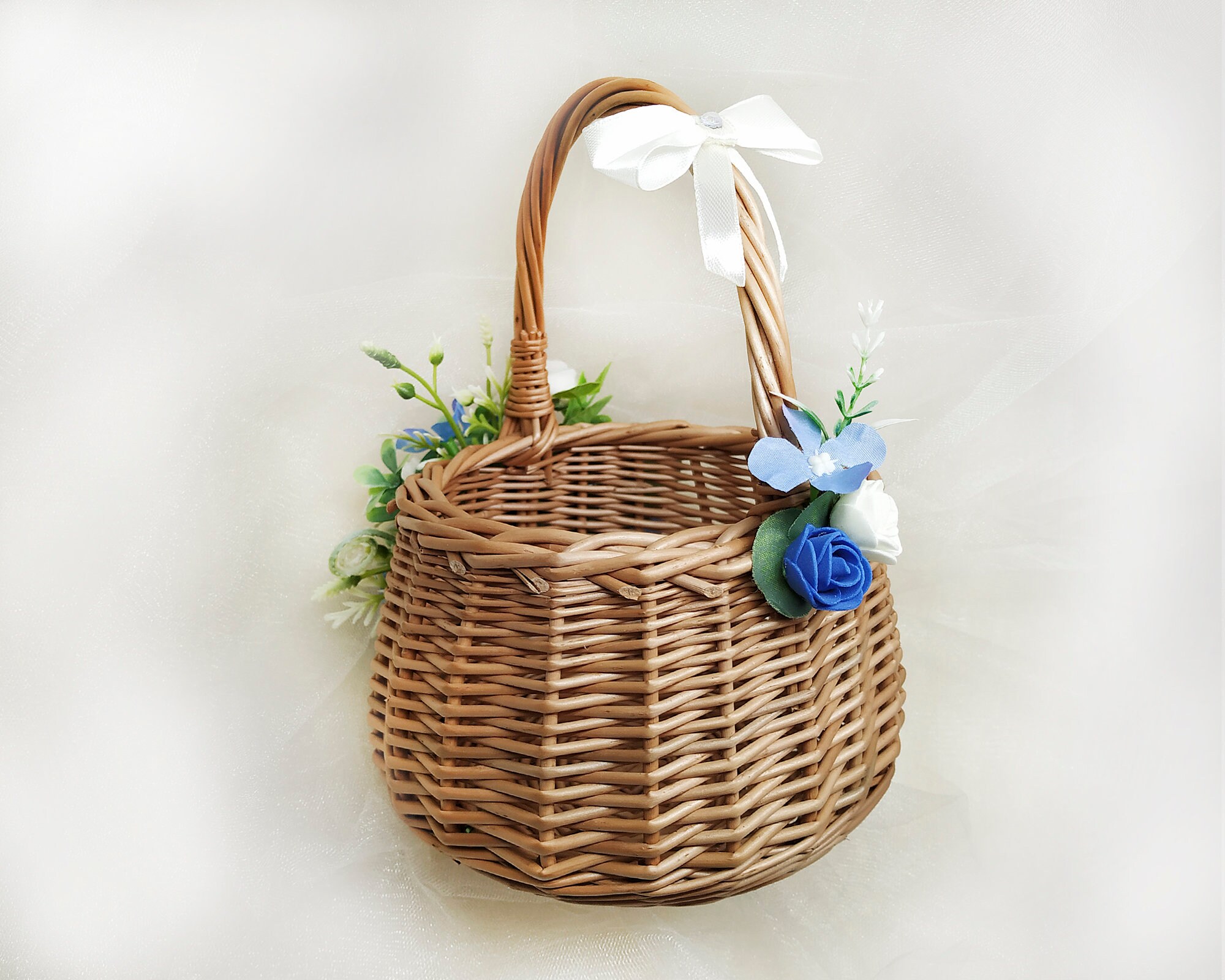 Flower girl basket rustic eucalyptus basket with royal blue Etsy