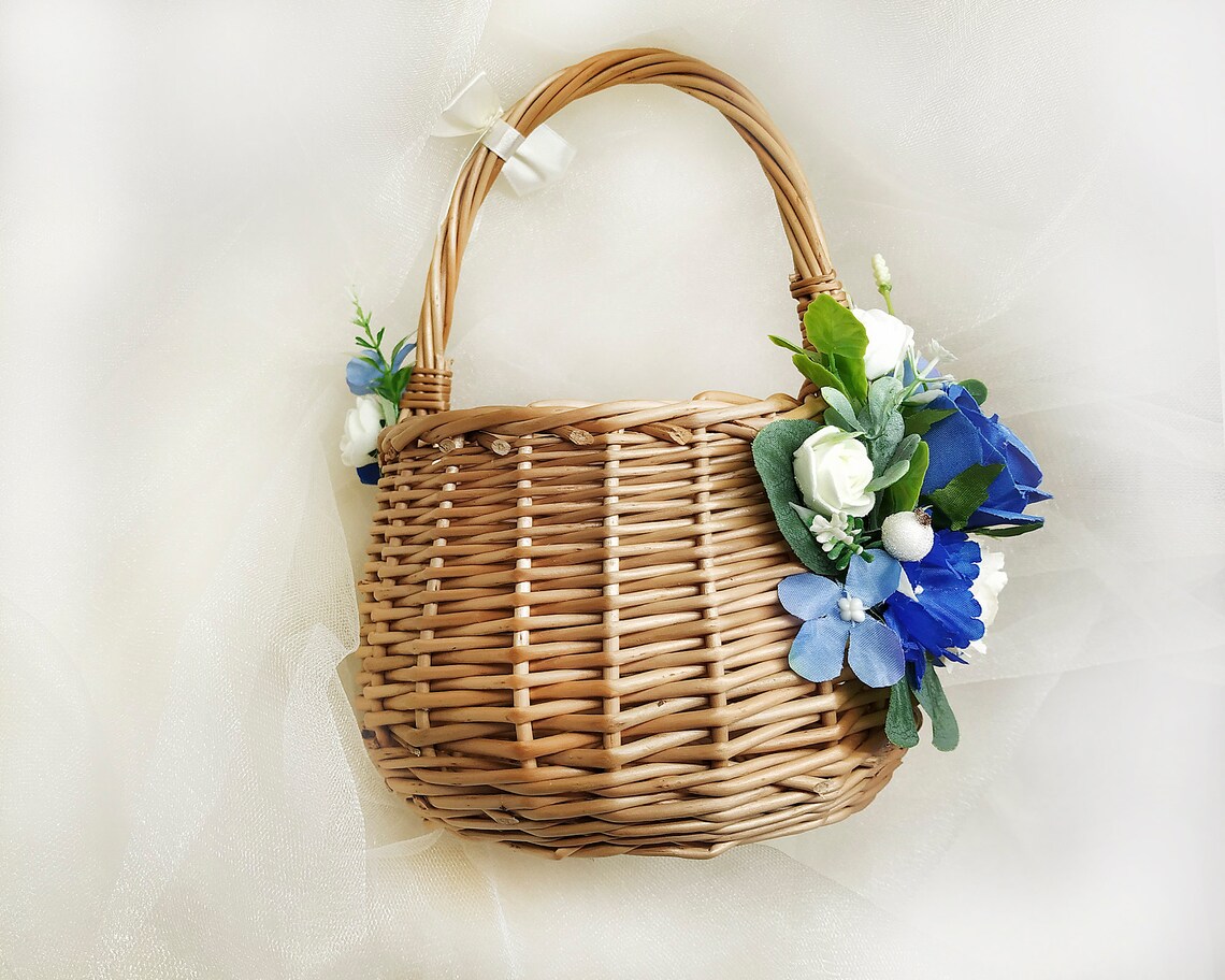 Flower girl basket rustic eucalyptus basket with royal blue Etsy