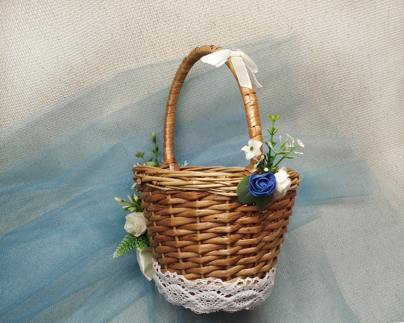 Flower girl basket with navy blue royal blue ivory flowers Etsy