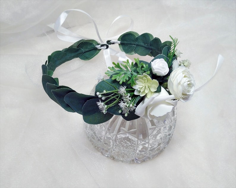 Ivory flower crown Eucalyptus crown Flower crown with wild flower and succulent Wedding crown Rustic head wreath Woodland halo