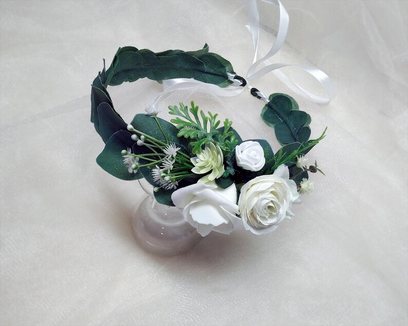 Ivory flower crown Eucalyptus crown Flower crown with wild flower and succulent Wedding crown Rustic head wreath Woodland halo