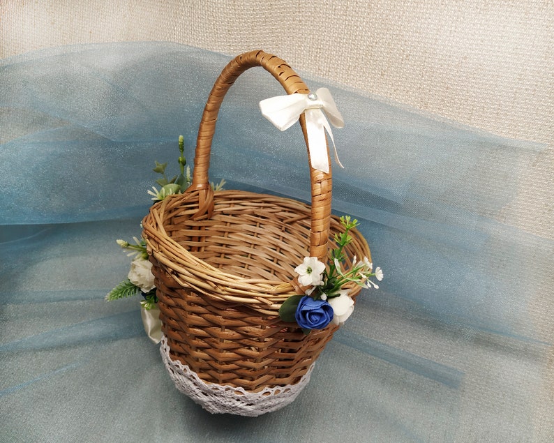 Flower girl basket with navy blue royal blue ivory flowers Etsy