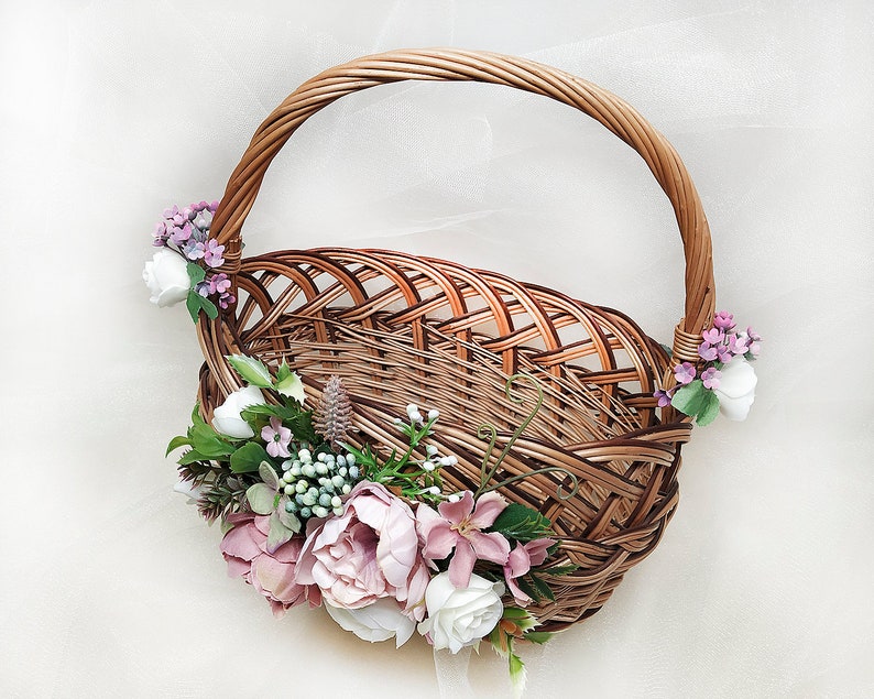 Flower girl basket flower girl basket with dusty pink flowers | Etsy