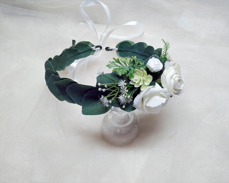 Ivory flower crown Eucalyptus crown Flower crown with wild flower and succulent Wedding crown Rustic head wreath Woodland halo