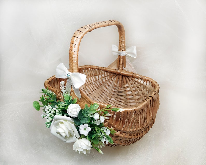 Flower girl basket rustic willow basket with ivory and white Etsy
