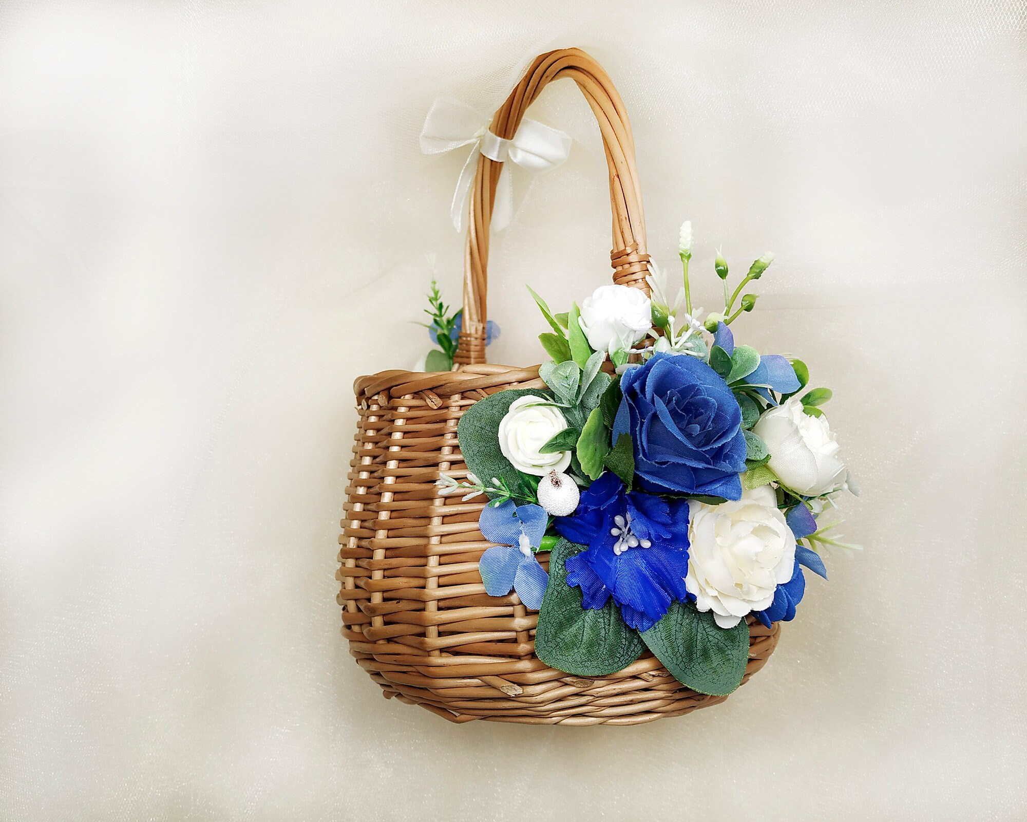 Flower girl basket rustic eucalyptus basket with royal blue Etsy