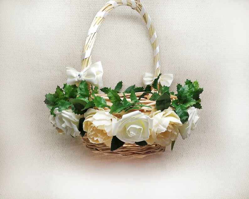 Flower girl basket with ivory and cream flowers rustic Etsy