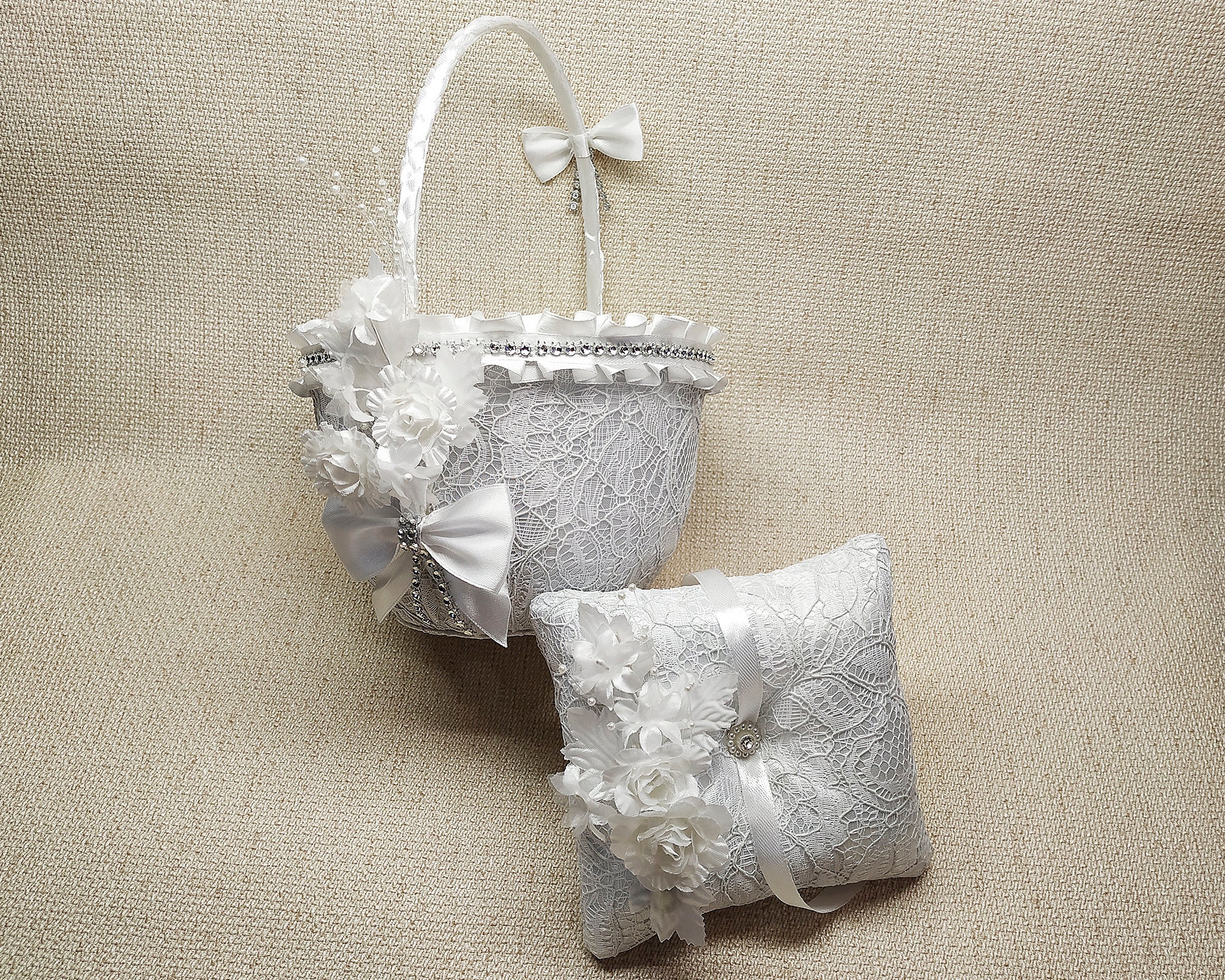 Flower girl basket white lace basket with white flowers lace Etsy