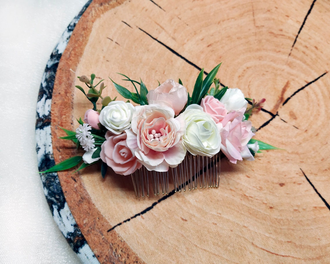 Flower hair comb Wedding floral comb with peach ivory faux Etsy
