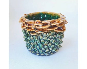 Ceramic tactile jar, green keramic bowl, Pottery vase handmade