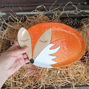 Orange ceramic fox plate, handcrafted plate, home decor art plate