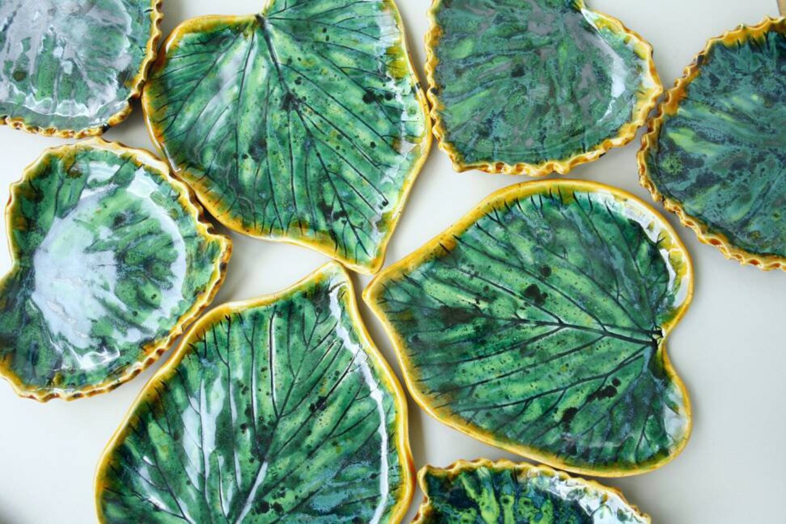 Ceramic green leaf plate vegan nature plate design dish art Etsy