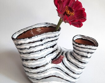 Ceramic white handmade striped vase with bird, Modern flower vase, Pottery handbuild vase