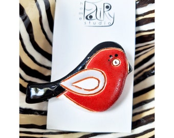 Clay bird pin, ceramic brooch,  bullfinch jewelry