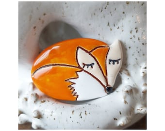 Clay Fox brooch, orange ceramic fox jewelry, fox pin