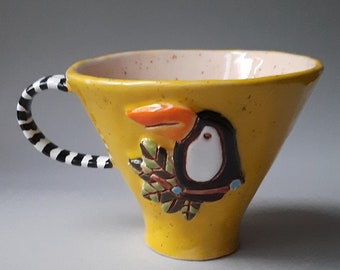 Yellow ceramic cup of tea 250 ml, toucan cup, handmade bird ceramic cup